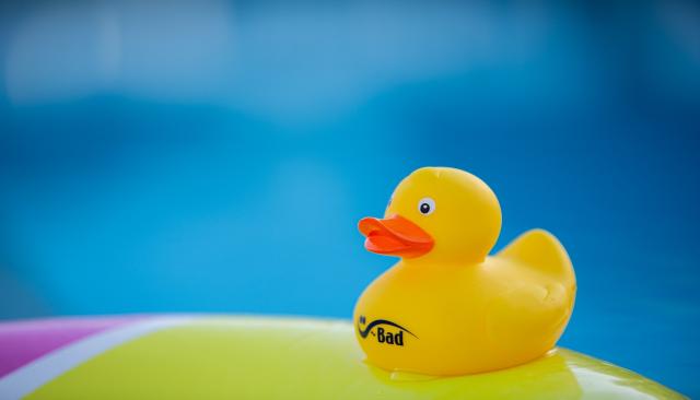 Gelbe Badeente mit Ü-Bad-Logo